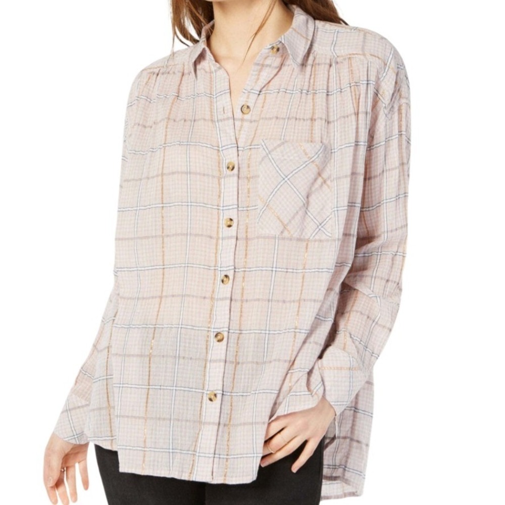 Free People Break My Stride Plaid Button‎ Down Collared Shirt Pink Gold Size Med